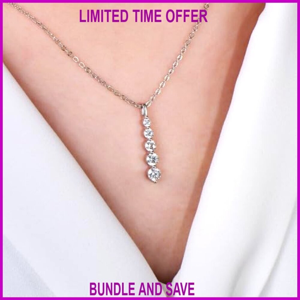 0.92 CT Moissanite 5-Stone Pendant Necklace, 14K Gold Filled, Adjustable Chain - Picture 2 of 7